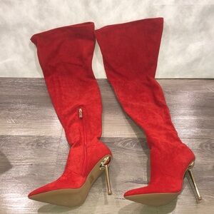 Cape Robbin Red Over the Knee Suede Boots with Metallic Heel New NWOB